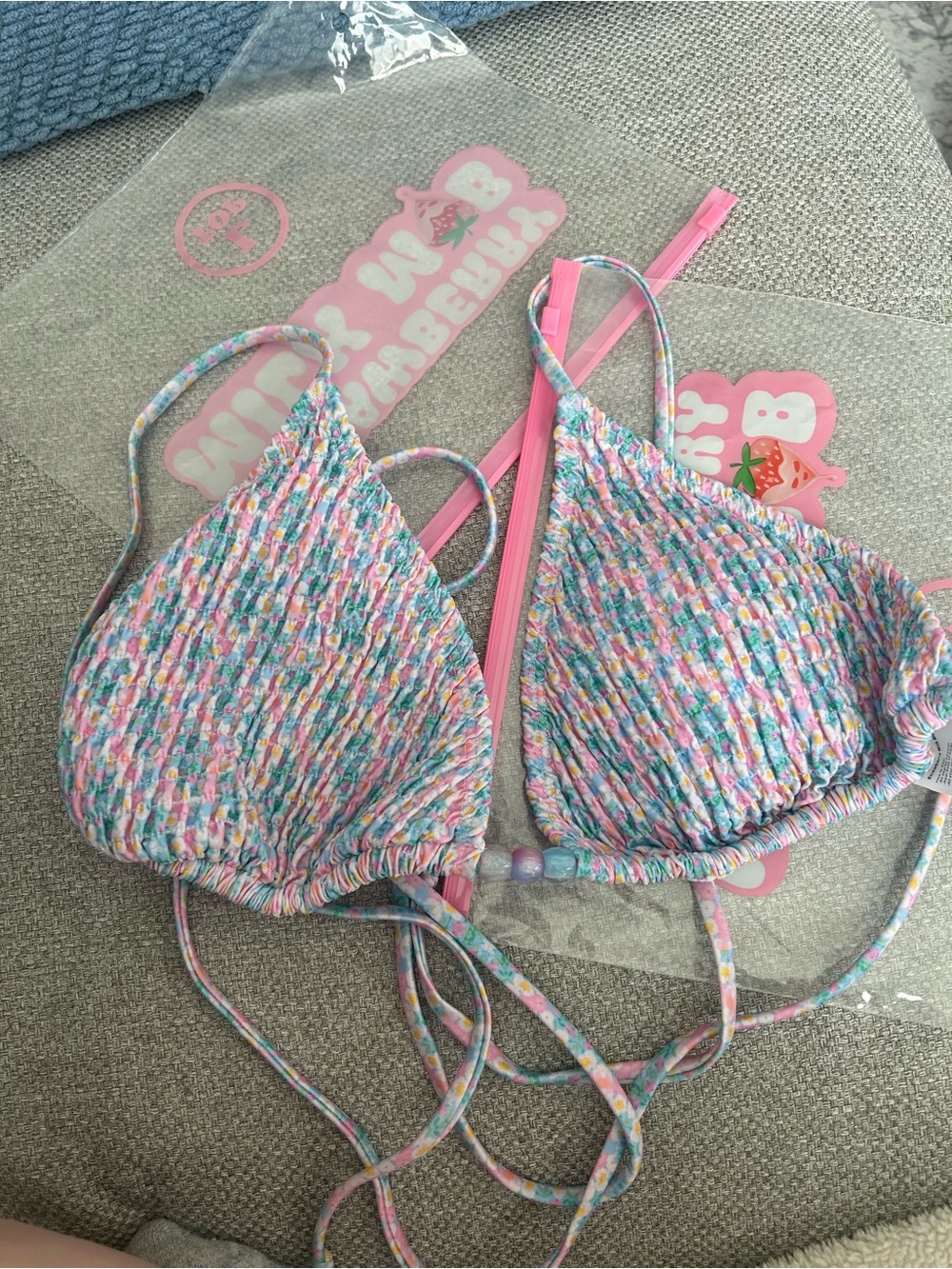 Multicolor Ruched Triangle Bikini Top - Pastel Mix Size L Strawberry Milk Mob